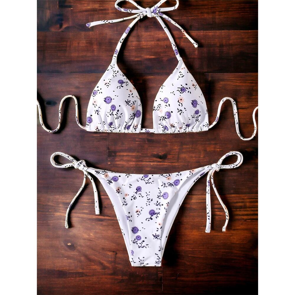 NEW White & Lavendar Floral Triangle Top String Bikini LARGE